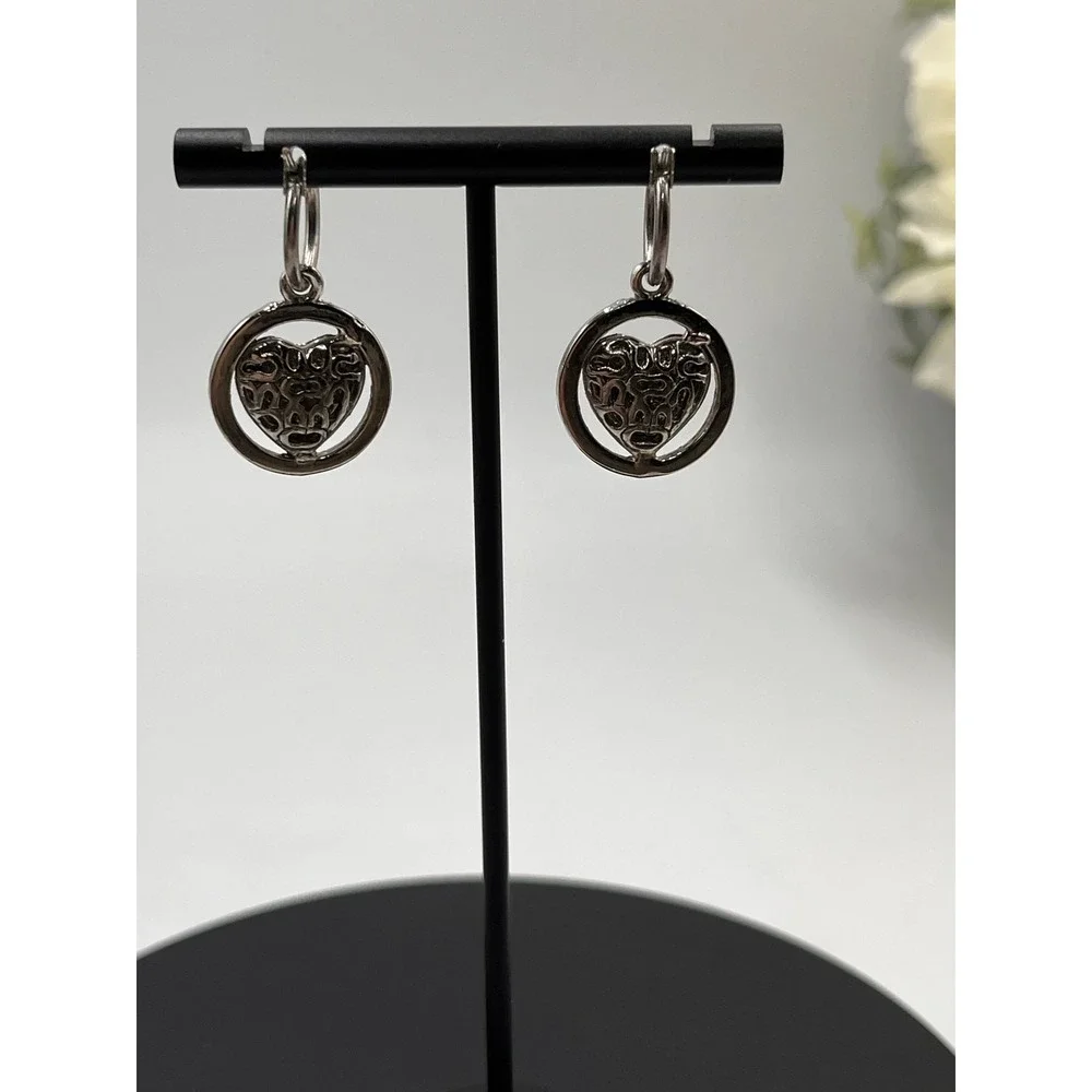 Coach Cream Enamel Logo C's Branded Heart Small Hoop Dangle Earrings